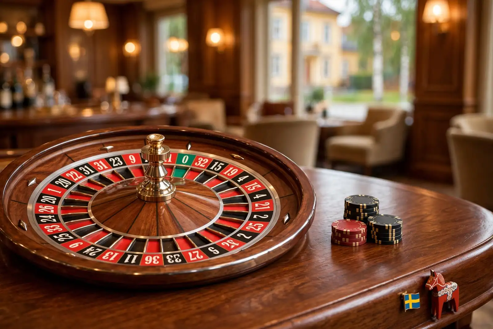Rouletthjul med marker på elegant casinobord i Sverige