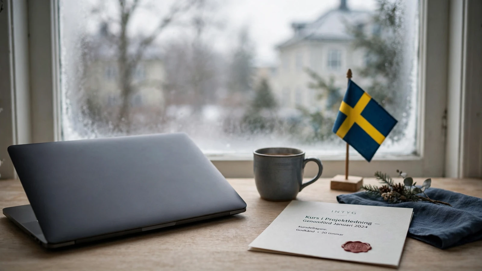 Svensk hemmakontorsbord med stängd laptop och certifikat som symboliserar säkra casinon i Sverige