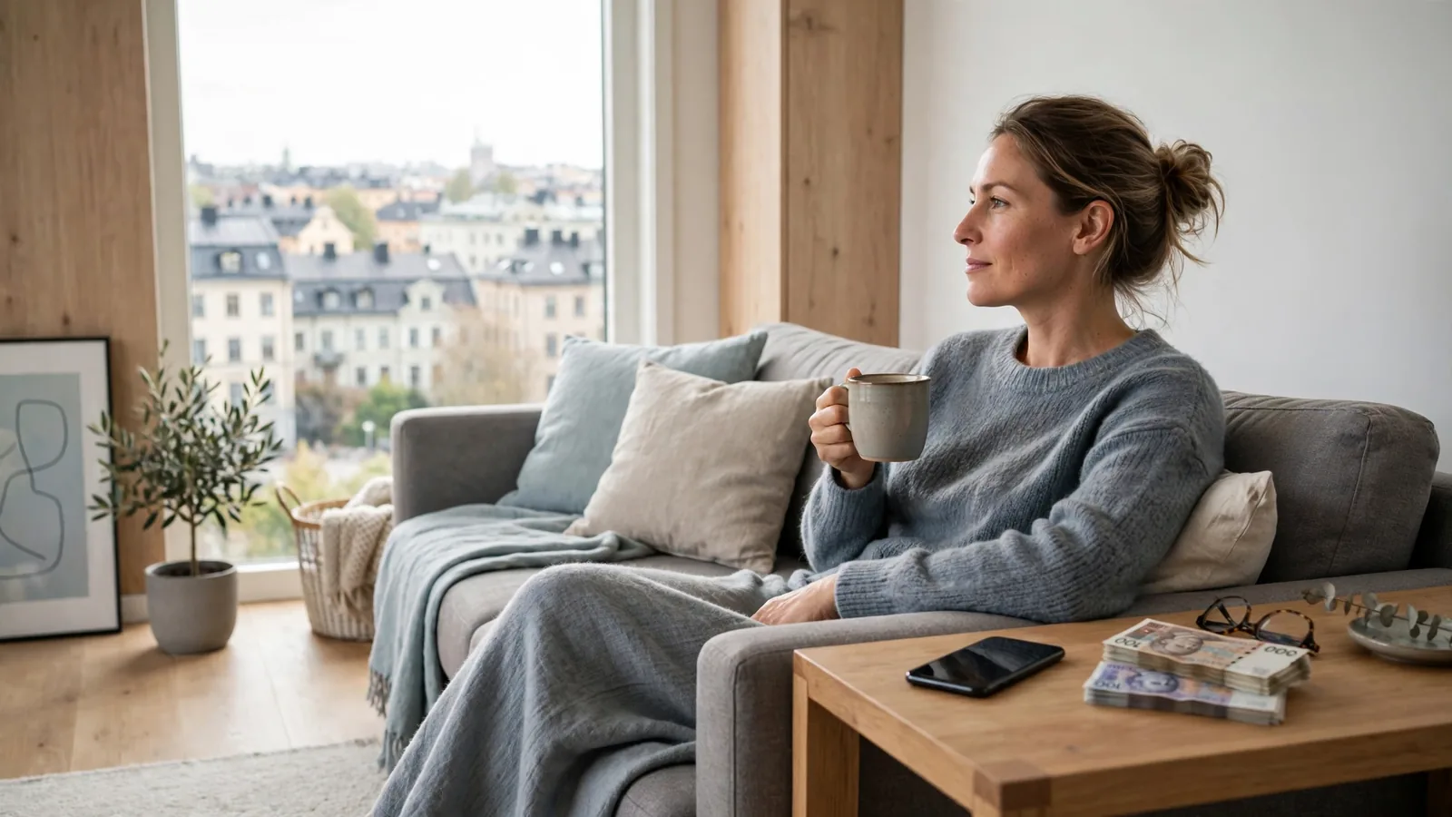 Avslappnad person i skandinavisk vardagsrum med kronorsedlar och stängt telefon