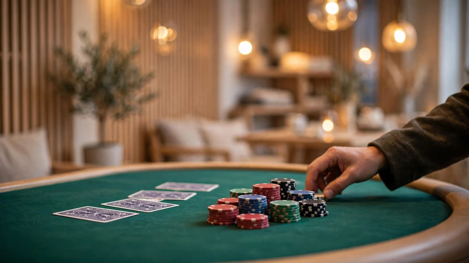 Blackjack-bord med marker och spelkort på ett elegant svenskt casino
