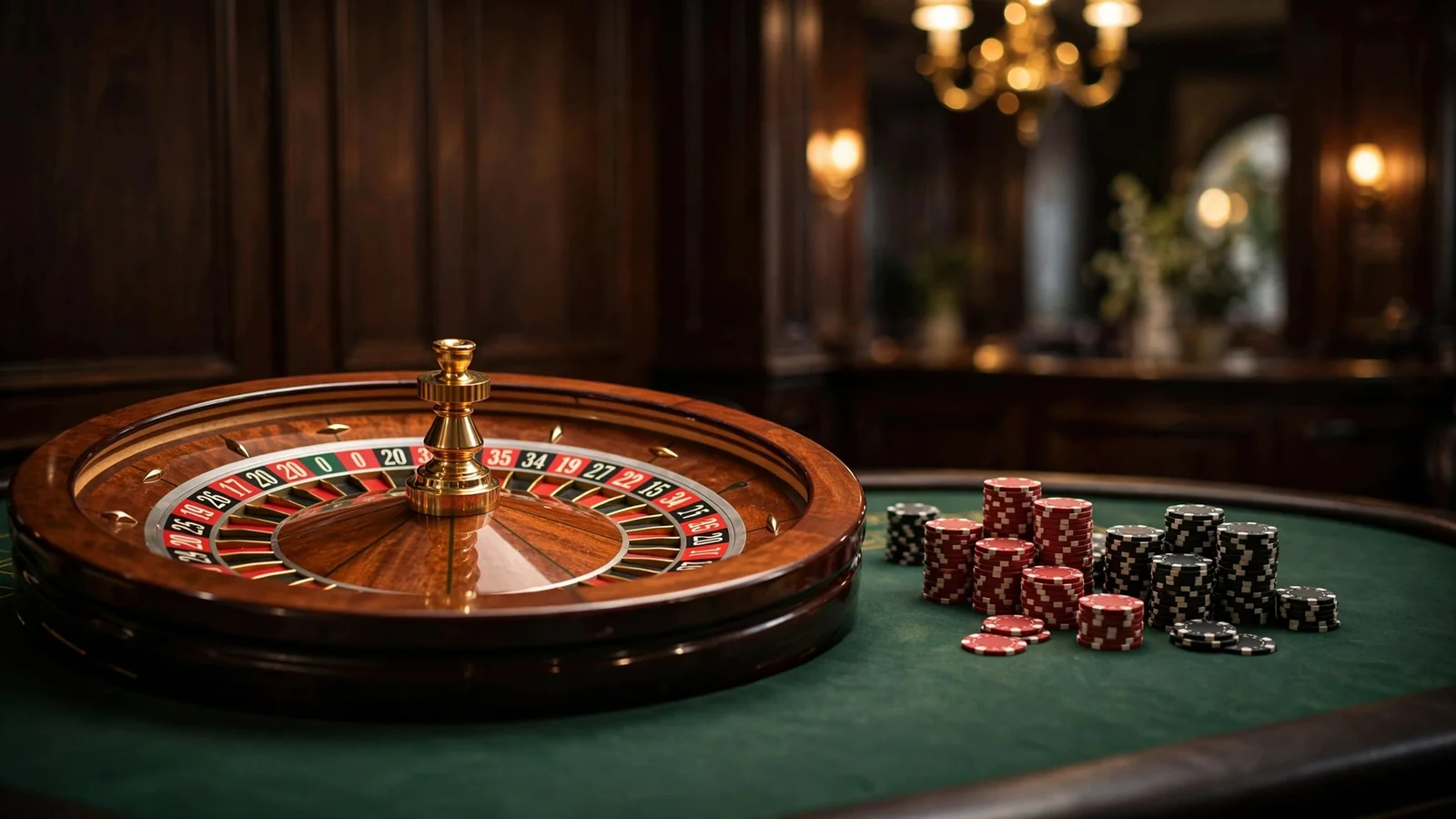 Klassiskt roulettehjul på casinobord med marker, varm belysning
