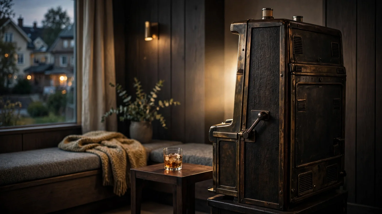 Klassisk spelautomat i en stilfull svensk loungemiljö med varm belysning