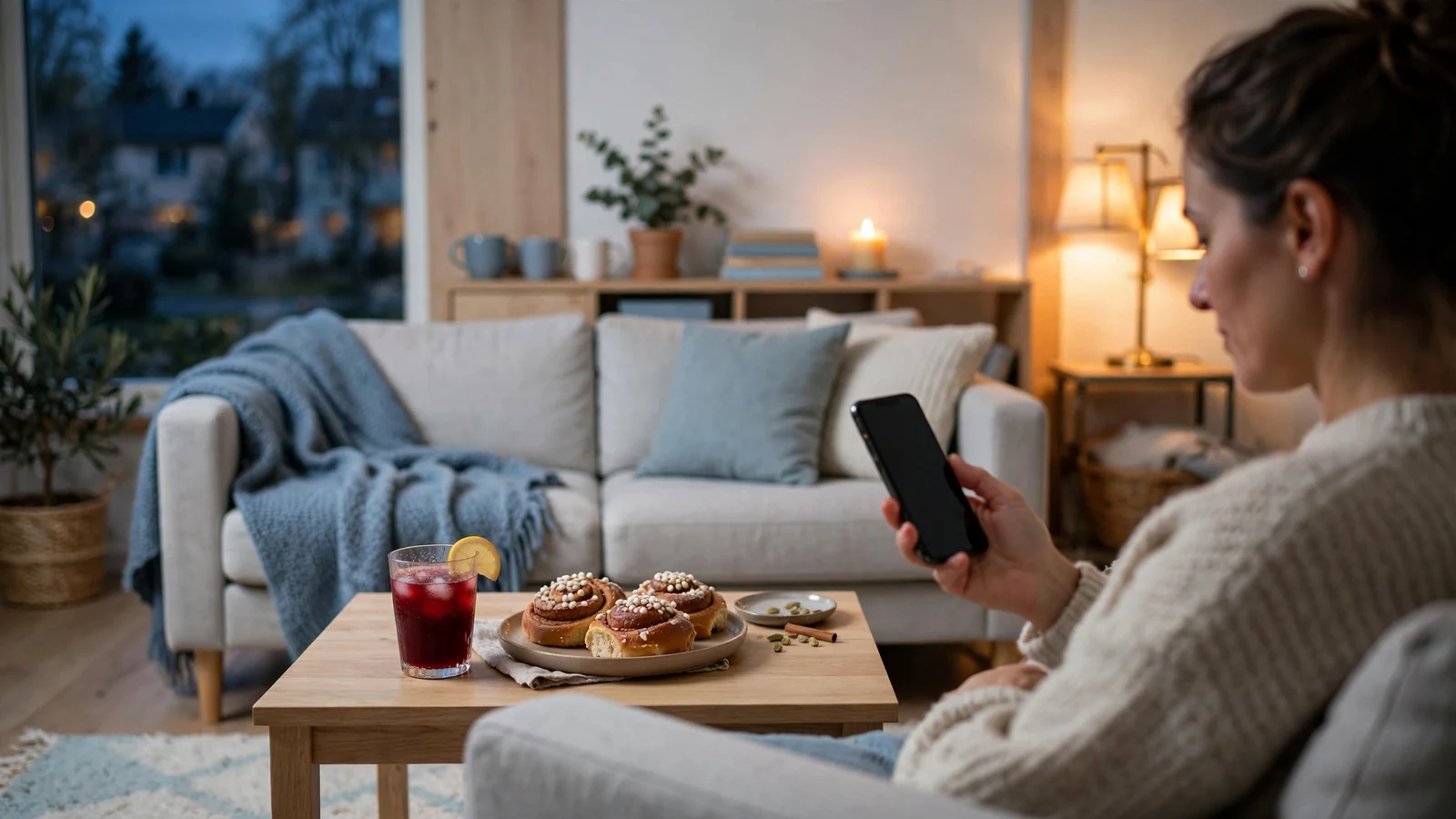 Person som kopplar av hemma med mobilen i mysig svensk vardagsrumsmiljö