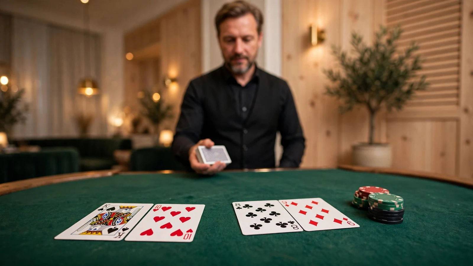 Blackjack-bord med kort och marker i en elegant svensk casinomiljö