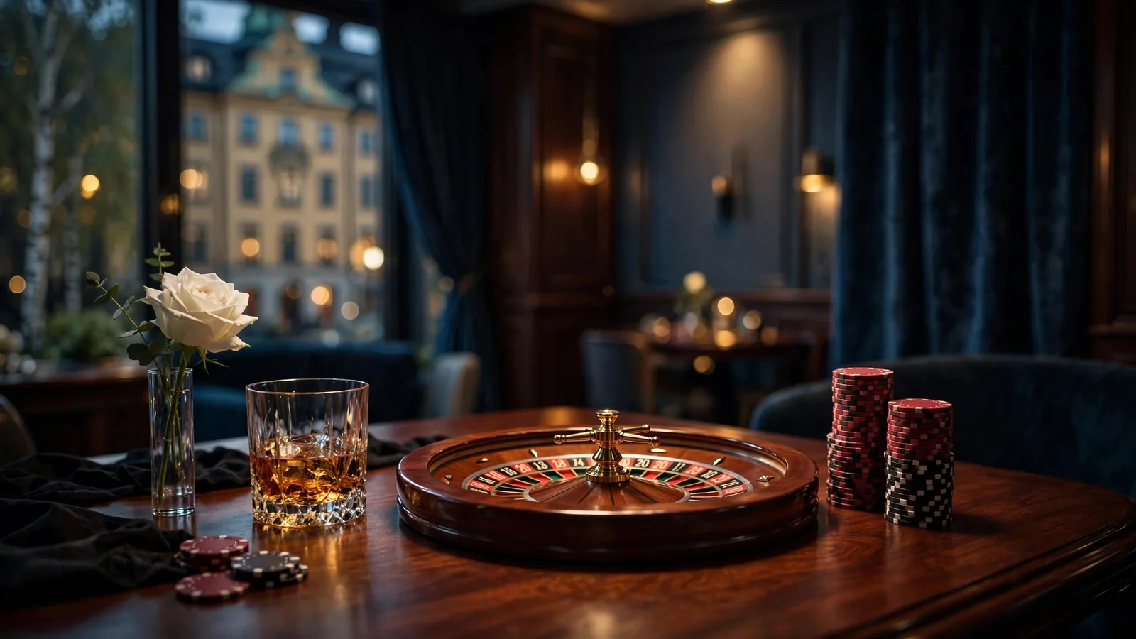 Elegant VIP-roulettebord med hög chipstapel i lyxig casinomiljö