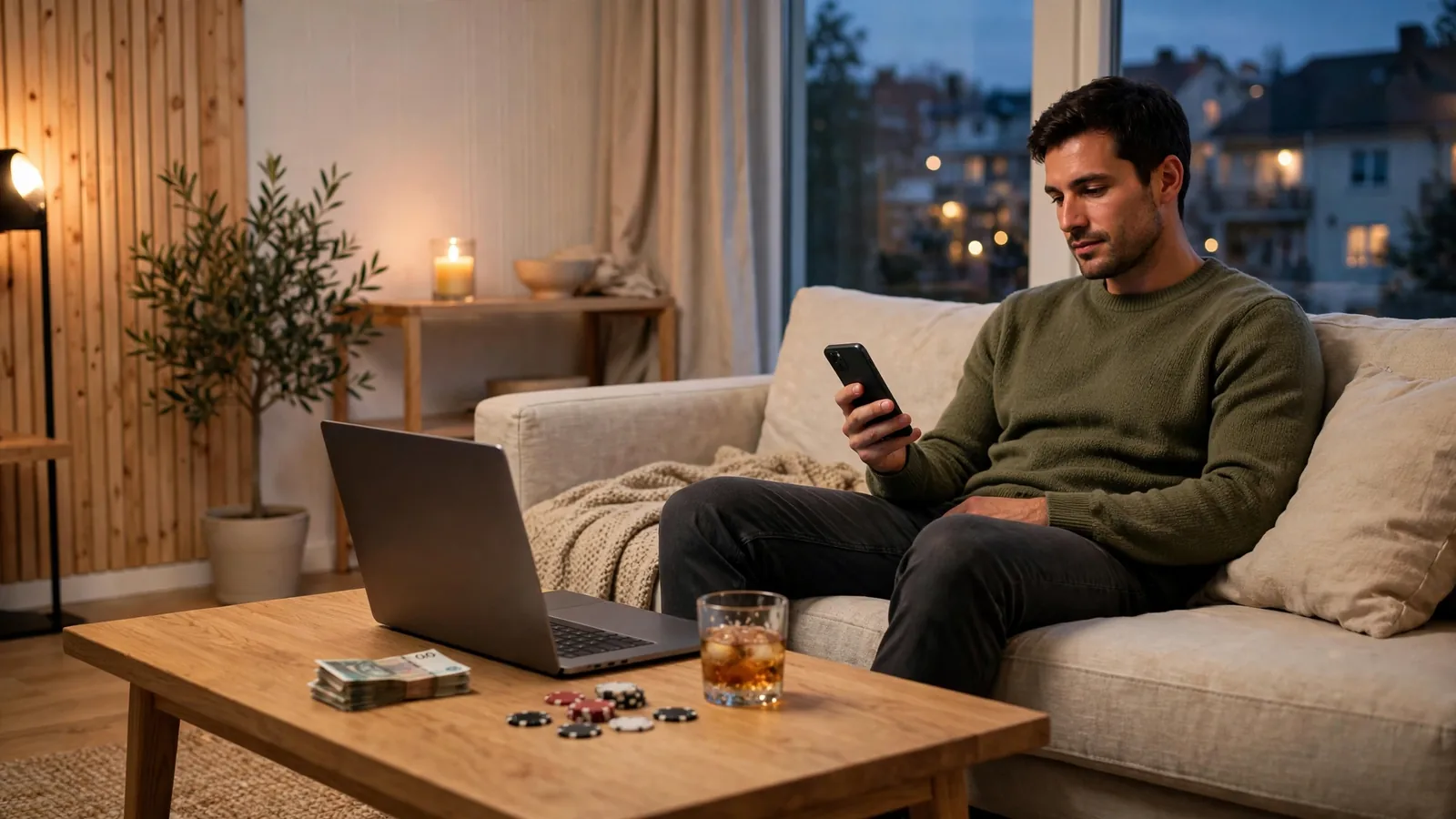 Man i svensk lägenhet med mobil och casinoleksaker på bordet