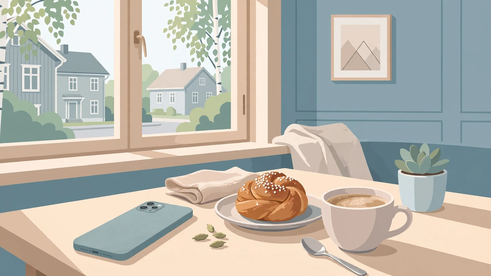 Smartphone vid kanelbulle och kaffe, svensk hemmiljö