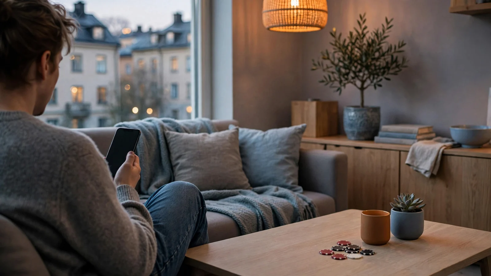 Person i svensk lägenhet med mobil, faktura och casinomarker på bordet