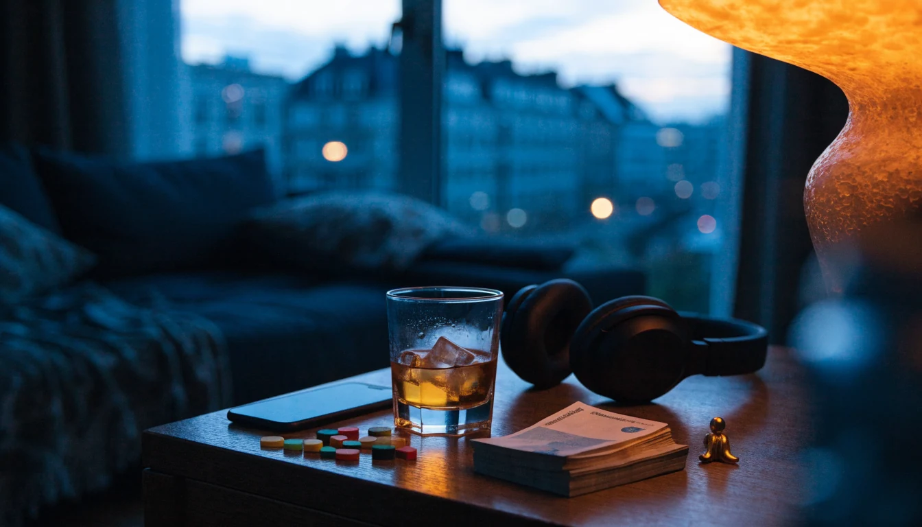 Casinochips, svenska kronor och whiskeyglas på soffbord