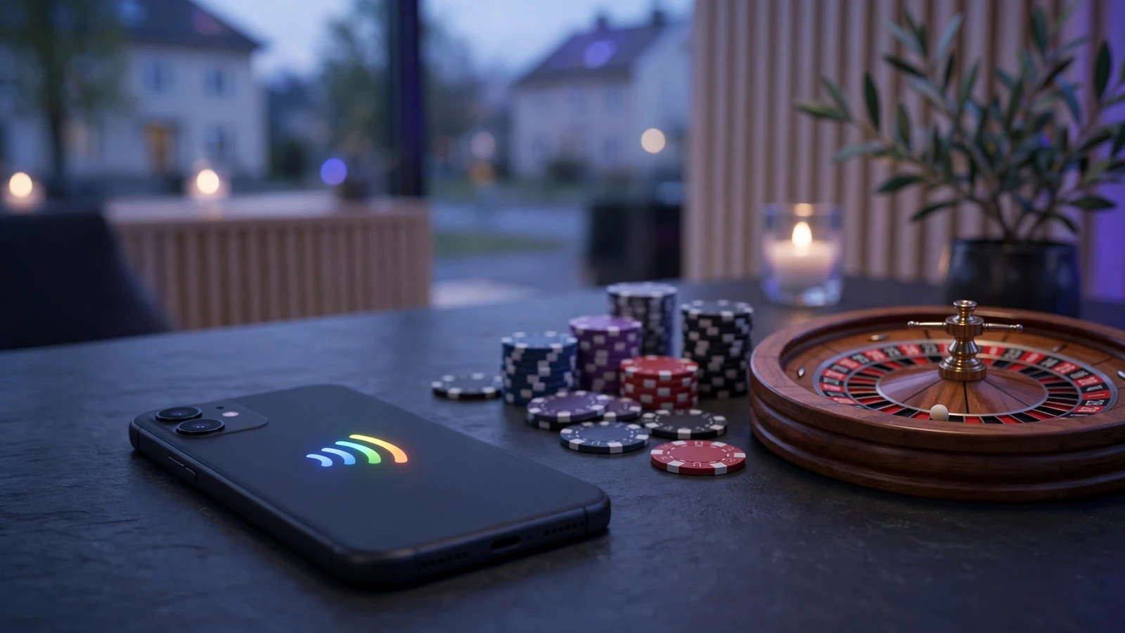 Smartphone med Google Pay bredvid casinofigurer och roulettehjul