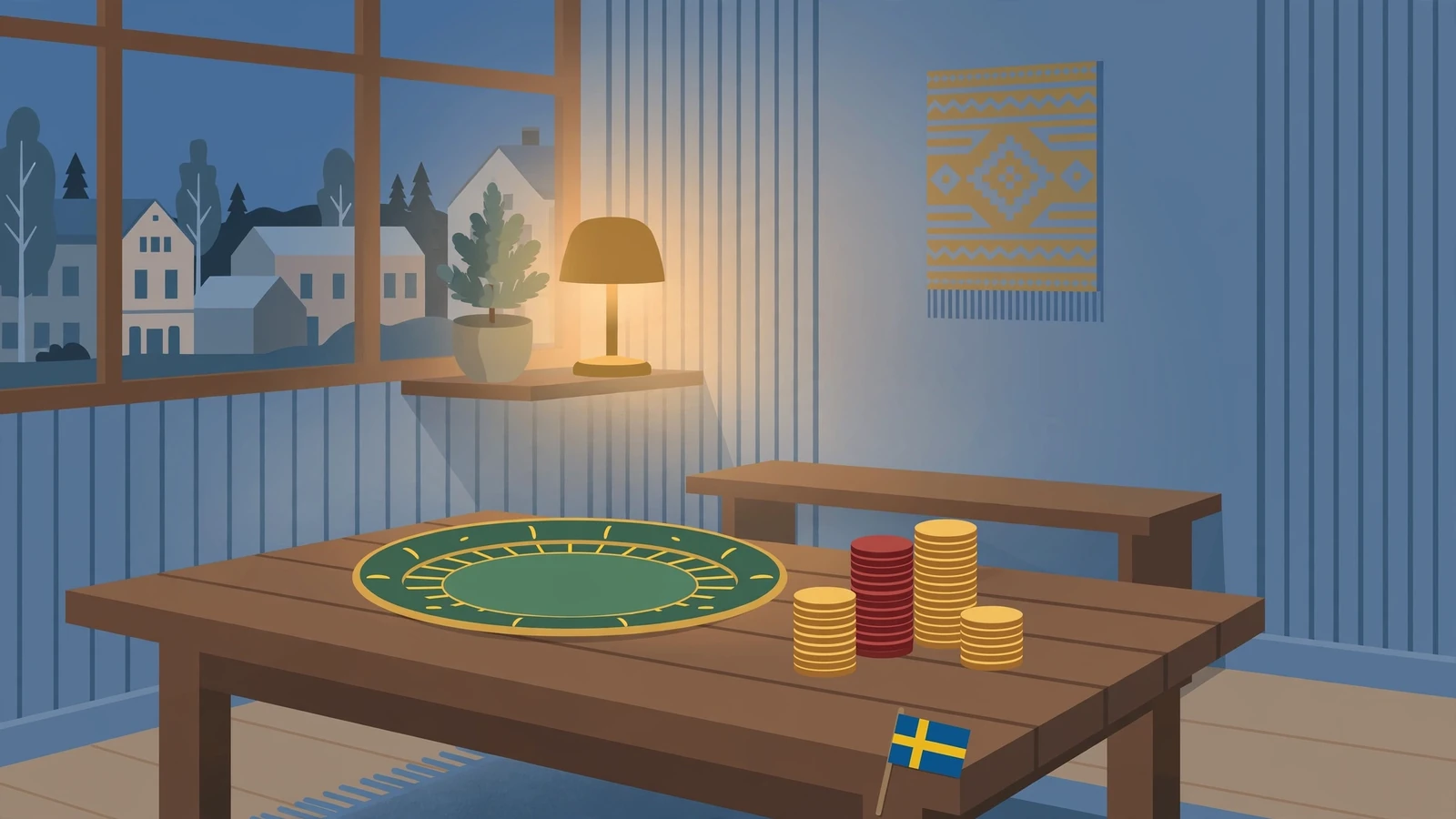Skandinavisk casinomiljö med roulettehjul och spelmarker