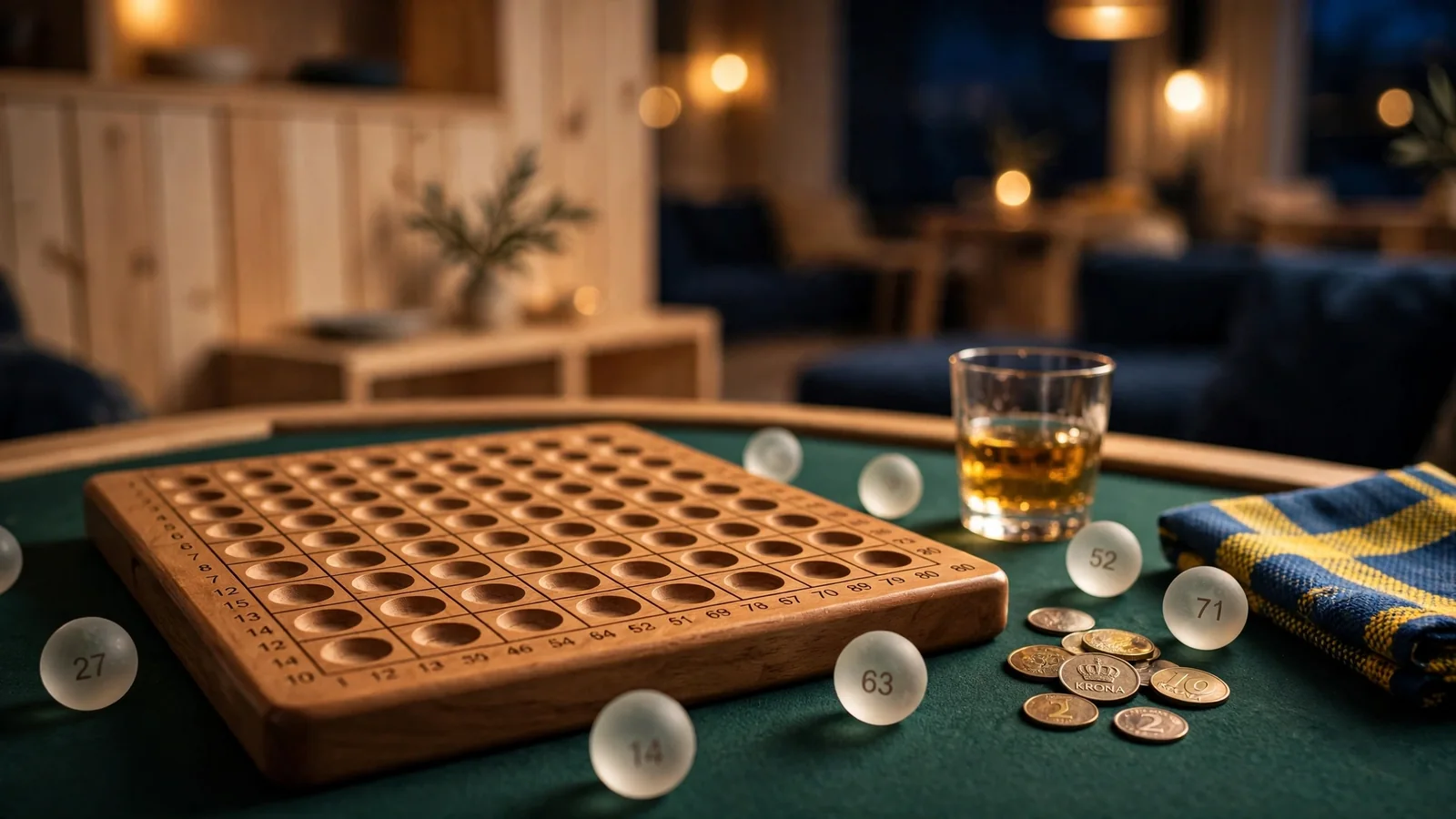 Mysig nordisk casinolounge med kenobricka och numrerade bollar