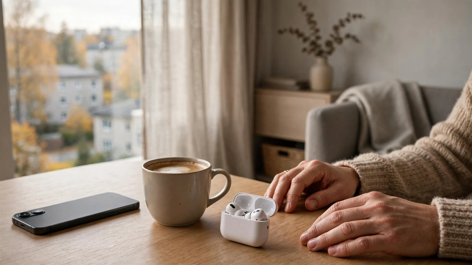 Modern telefon och kaffekopp på ett träbord i en ljus svensk lägenhet