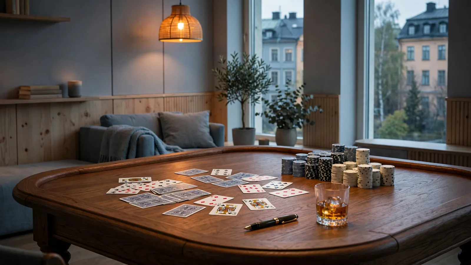 Elegant träspelbord med utspridda spelkort och marker i en stilren nordisk casinolokal
