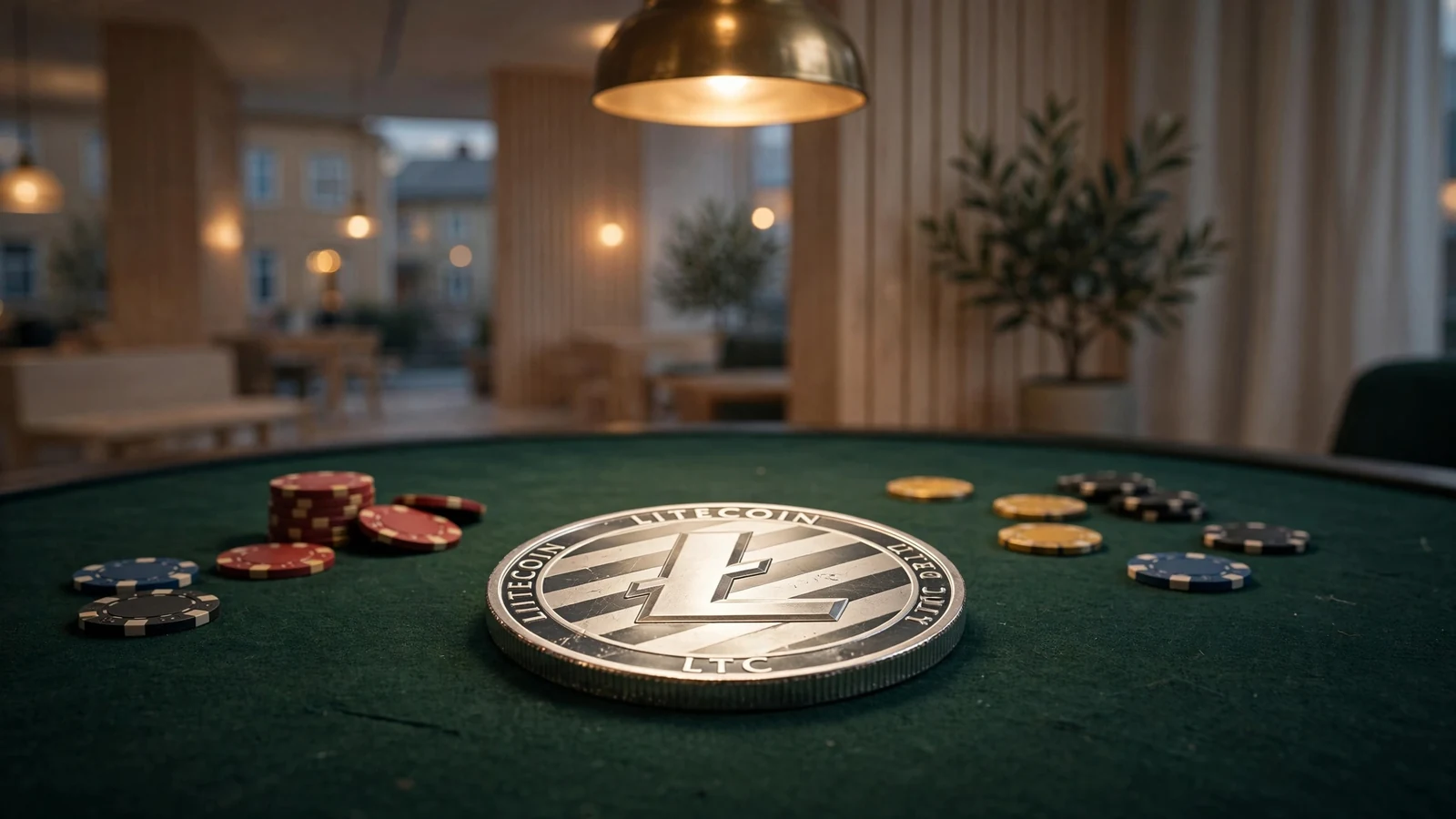 Silver Litecoin-mynt på grönt casinobord med marker