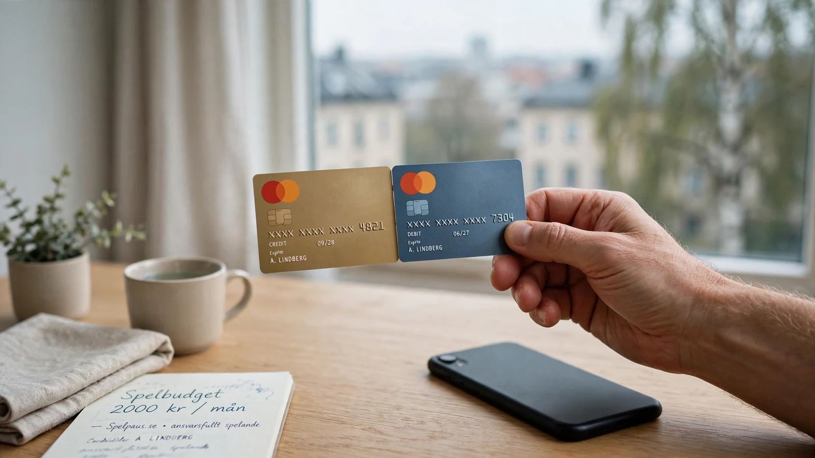 Hand som håller ett kreditkort och ett debetkort från Mastercard ovanför ett bord