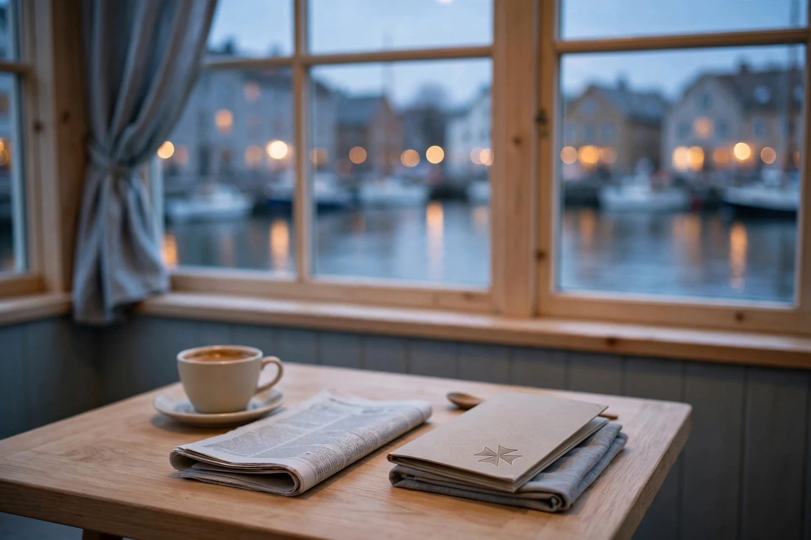 Kafé vid hamn i skymning med minimalistisk skandinavisk inredning
