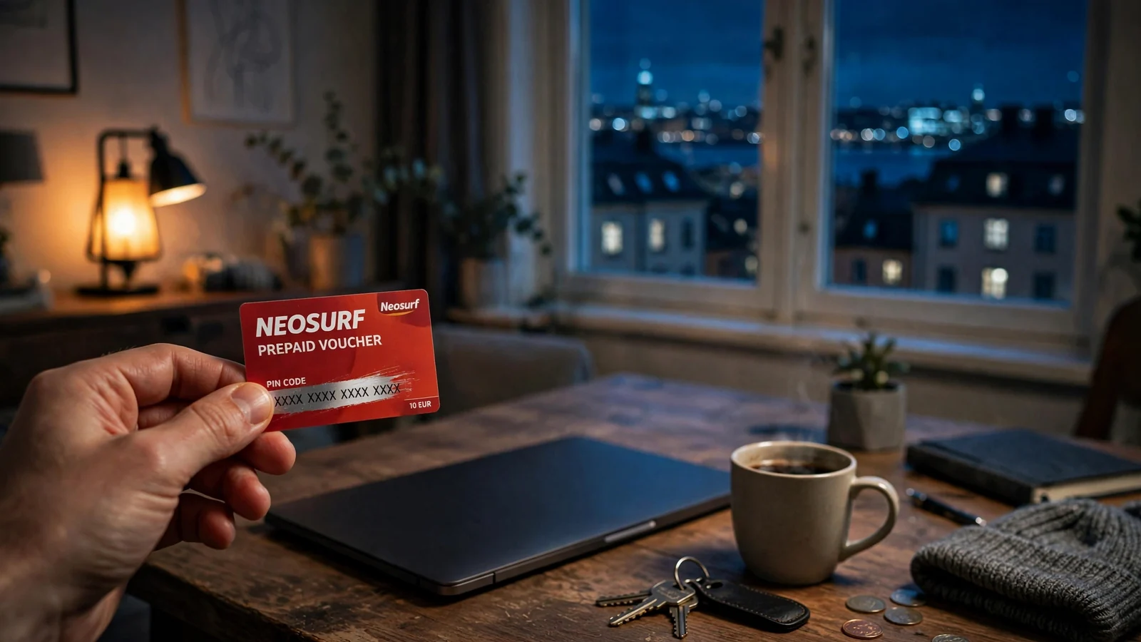 Hand håller Neosurf-kort vid laptop på bord i svensk lägenhet