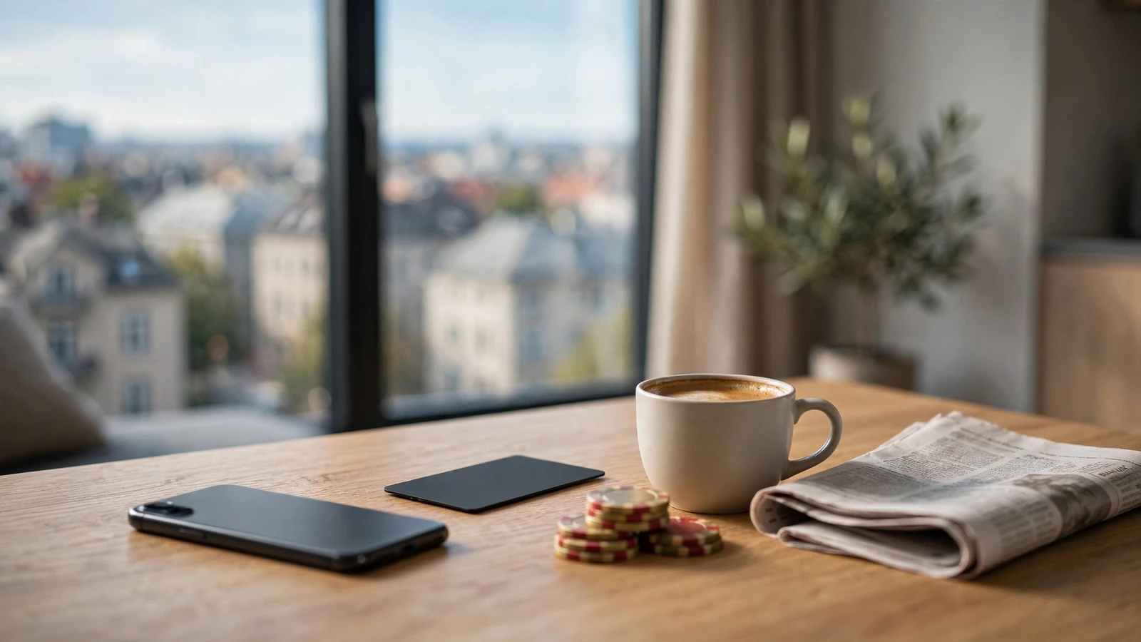 Smartphone, e-plånbok och casinomarker på ett bord i en modern svensk lägenhet
