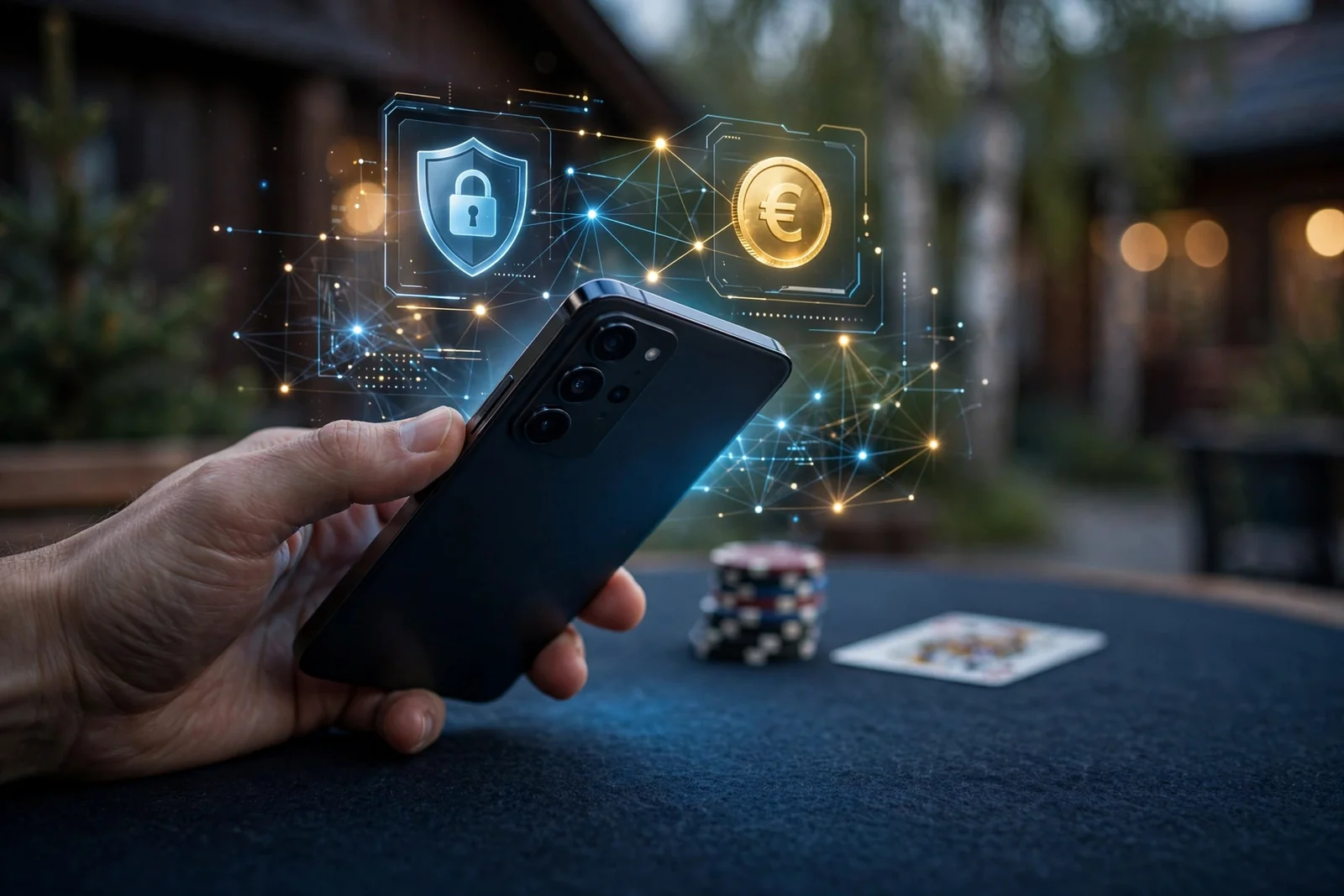 Hand håller smartphone med digitala plånboksikoner och casinomarker i bakgrunden