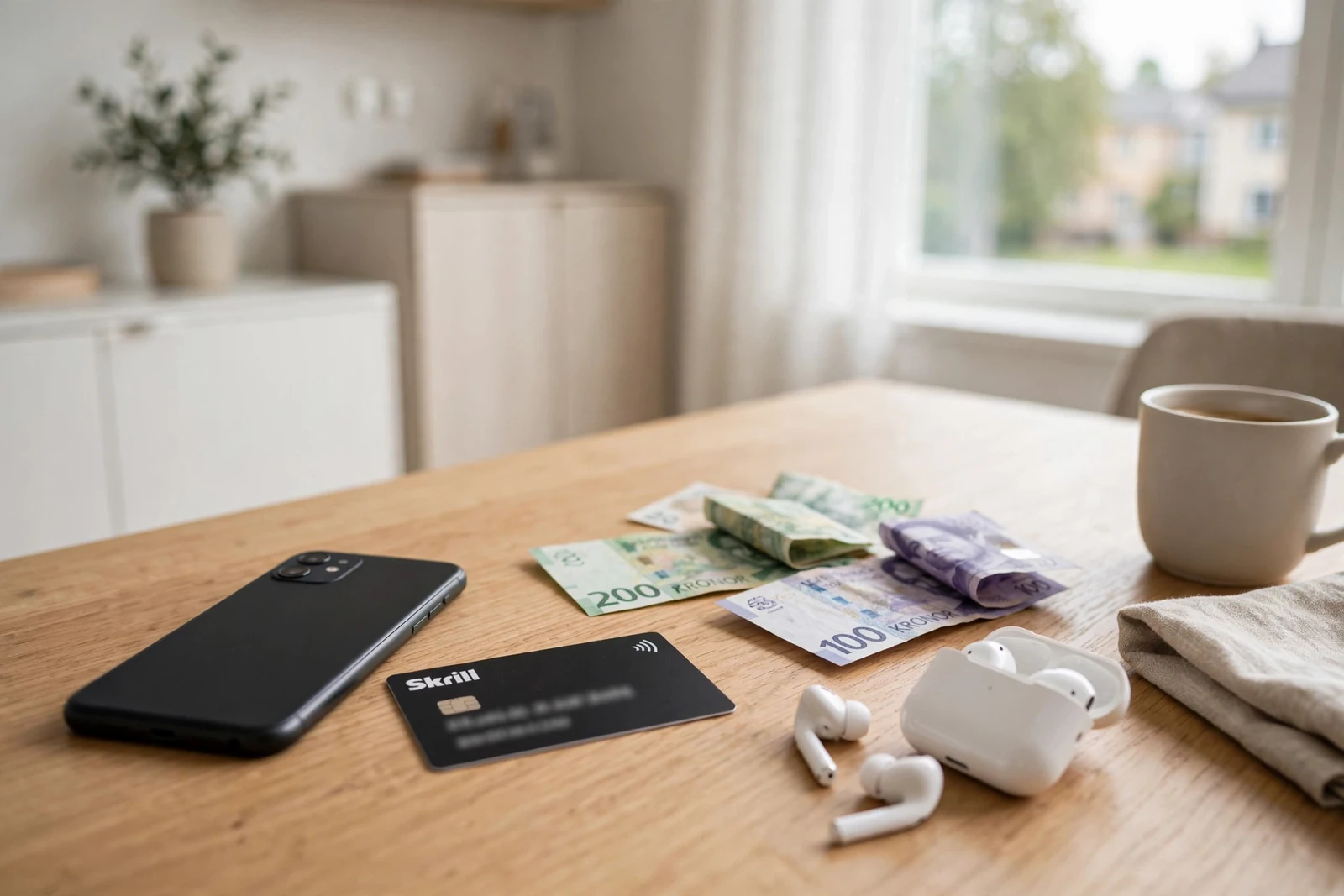 Skrill e-plånbok och svenska kronor på ett nordiskt bord