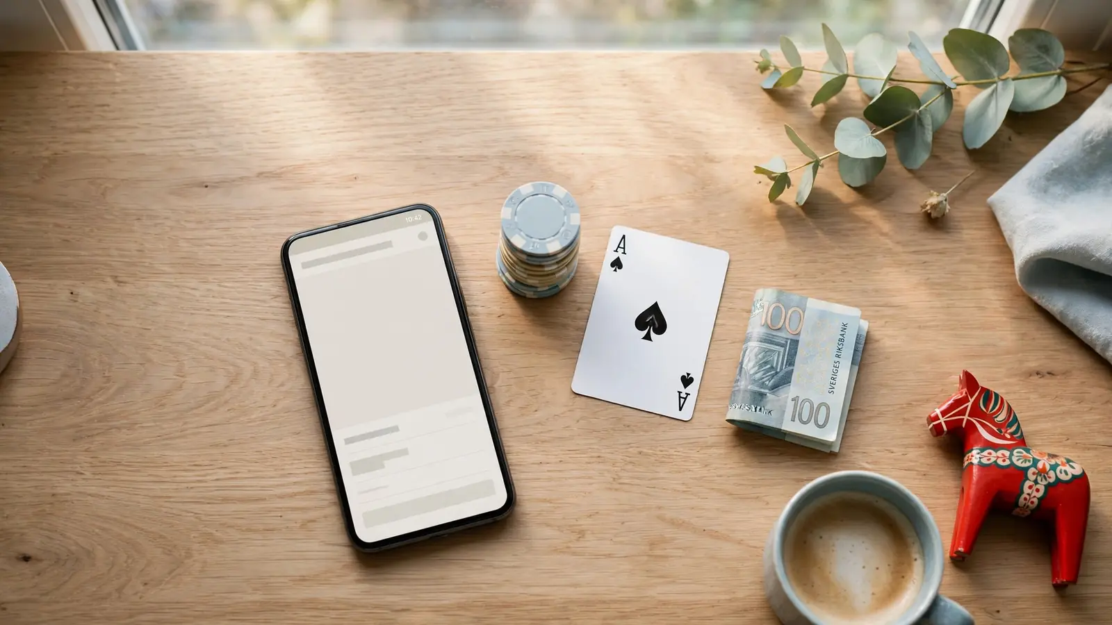 Flat-lay med telefon, casinomarker, kronosedel och dalahäst i skandinavisk stil