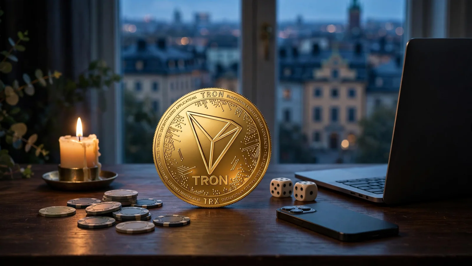 Tron-kryptovaluta mynt på skrivbord med casinotema och svensk inredning