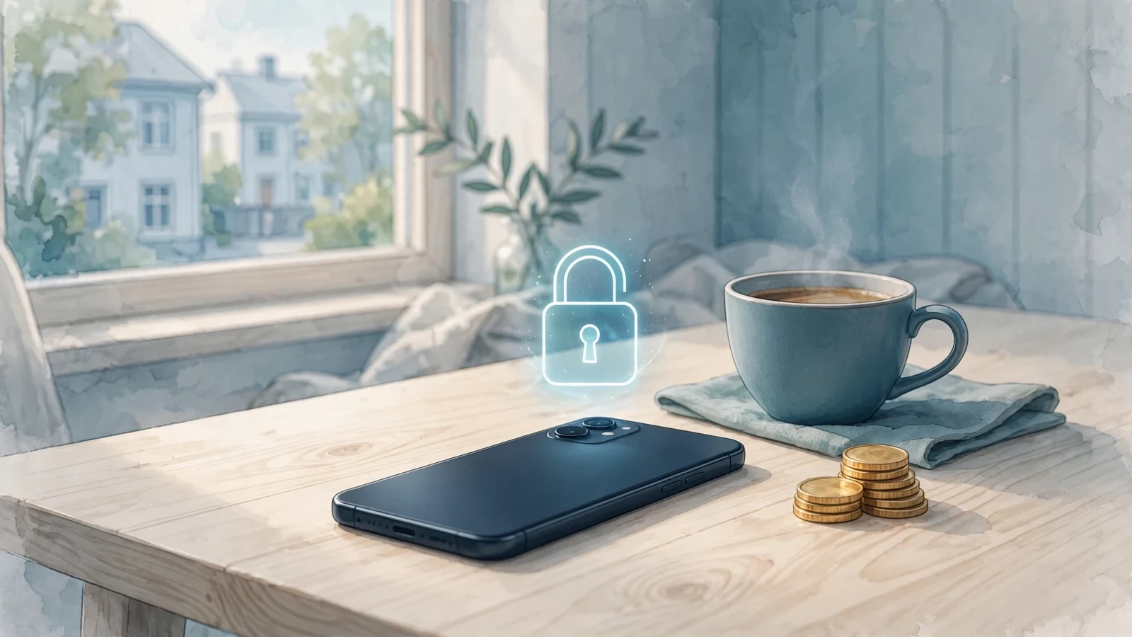 Smarttelefon med säker bankbetalning och mynt på bordet