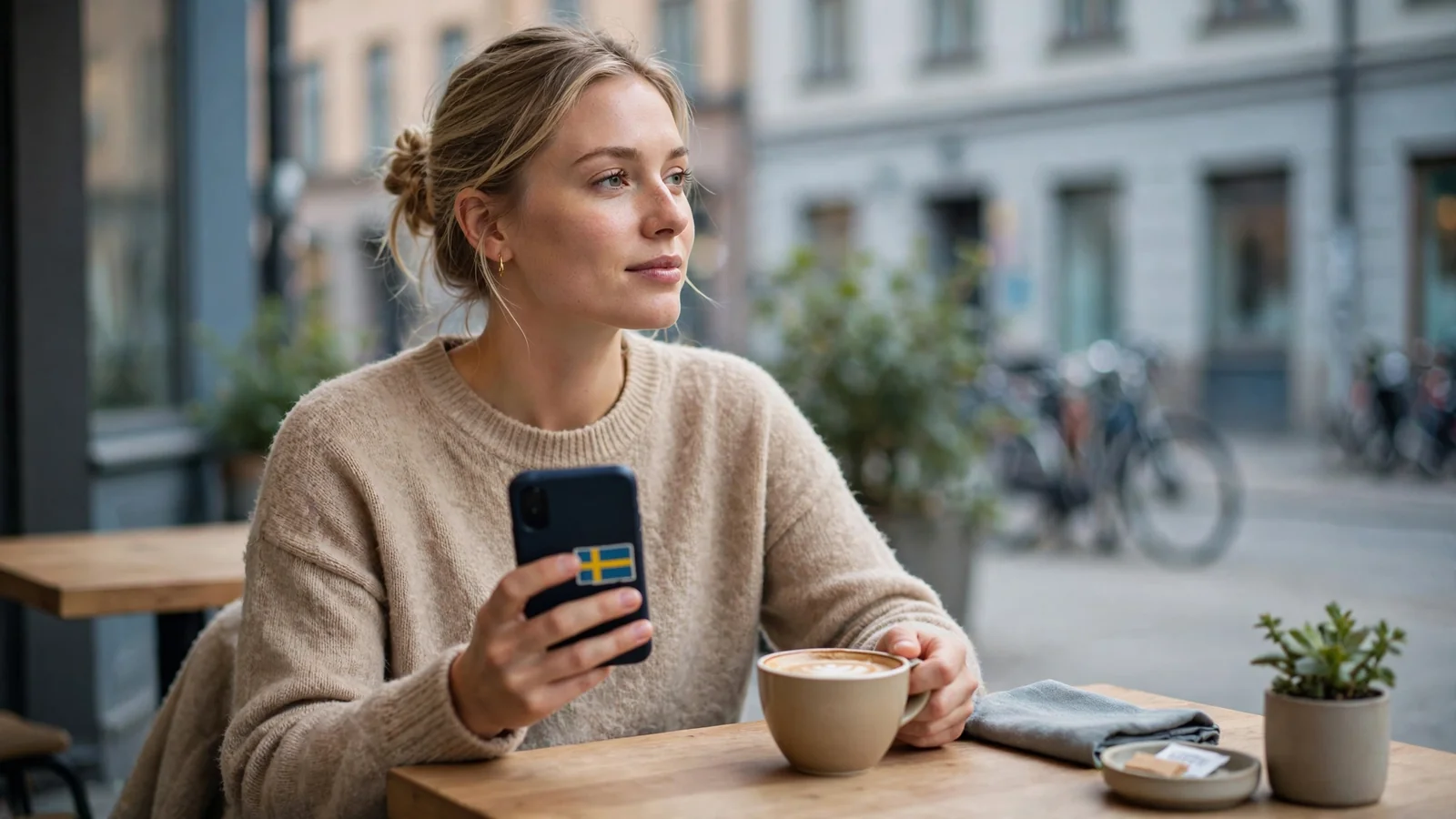 Svensk person med mobiltelefon på ett minimalistiskt café i Stockholm.
