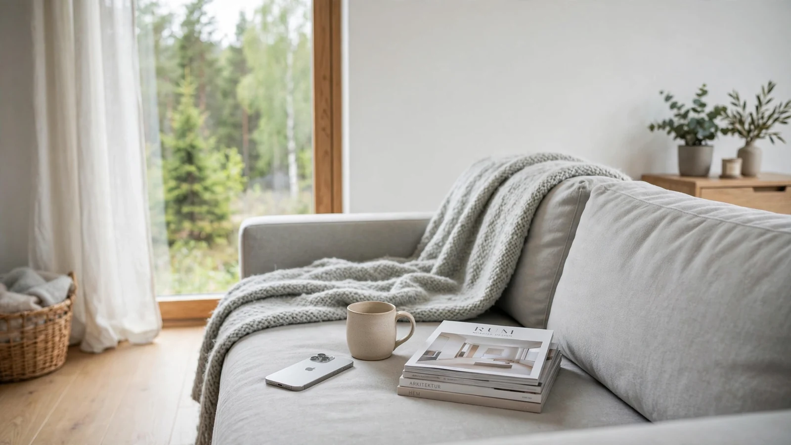 Minimalistiskt svenskt vardagsrum med en iPhone på soffan och naturligt dagsljus.