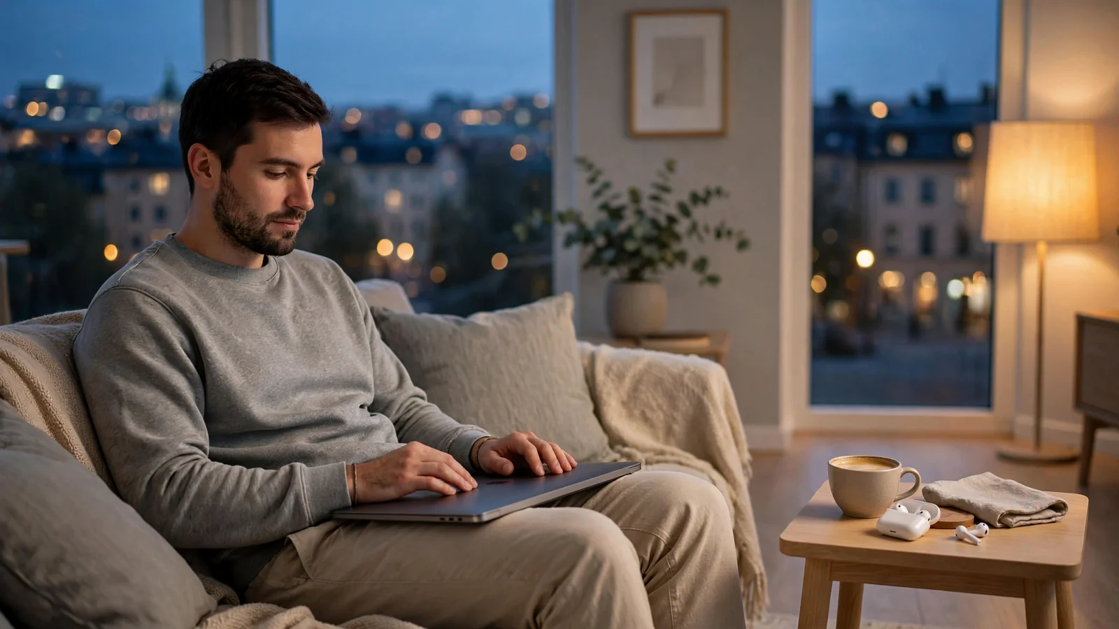 Person med bärbar dator i modern svensk lägenhet