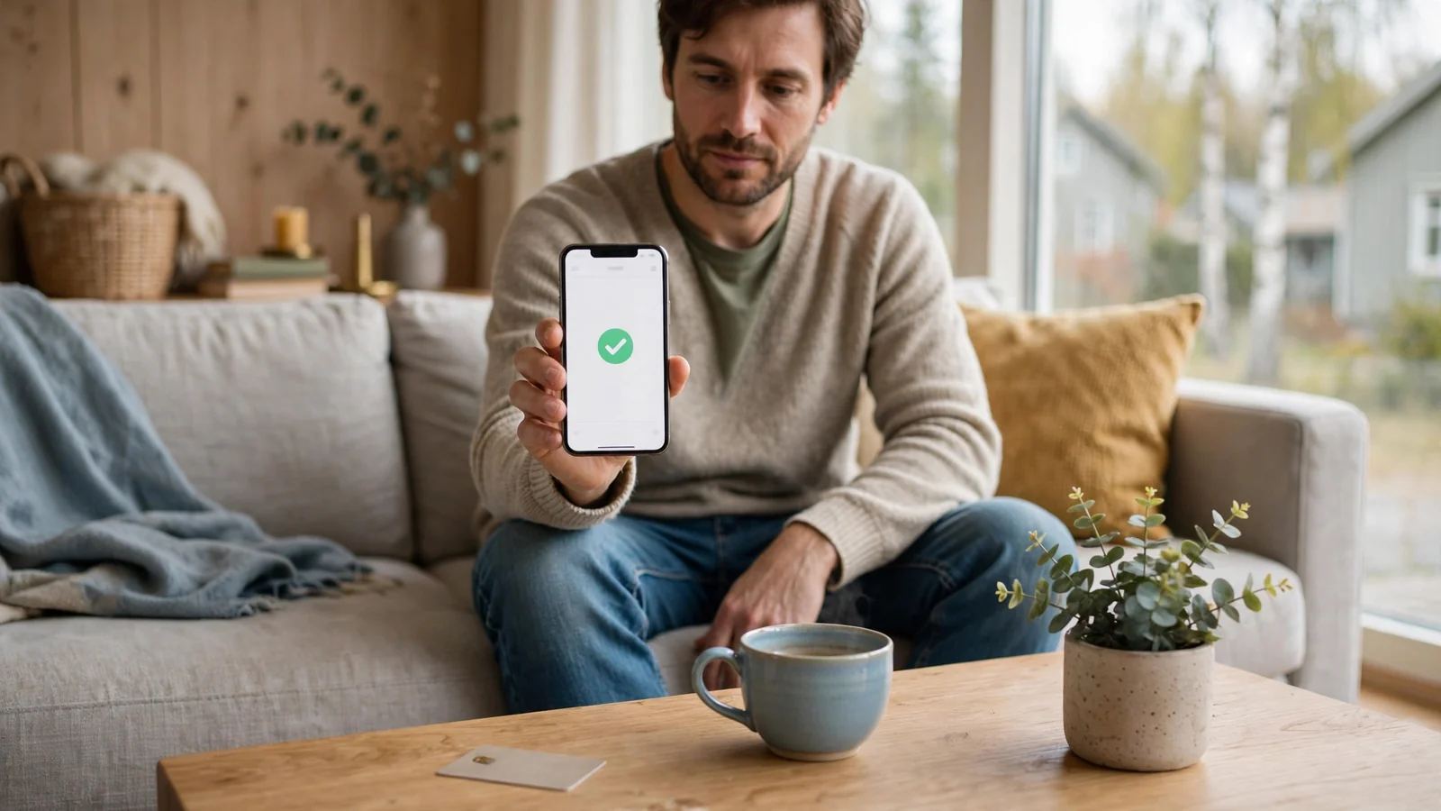 Person i skandinavisk vardagsrum verifierar med BankID på sin mobiltelefon