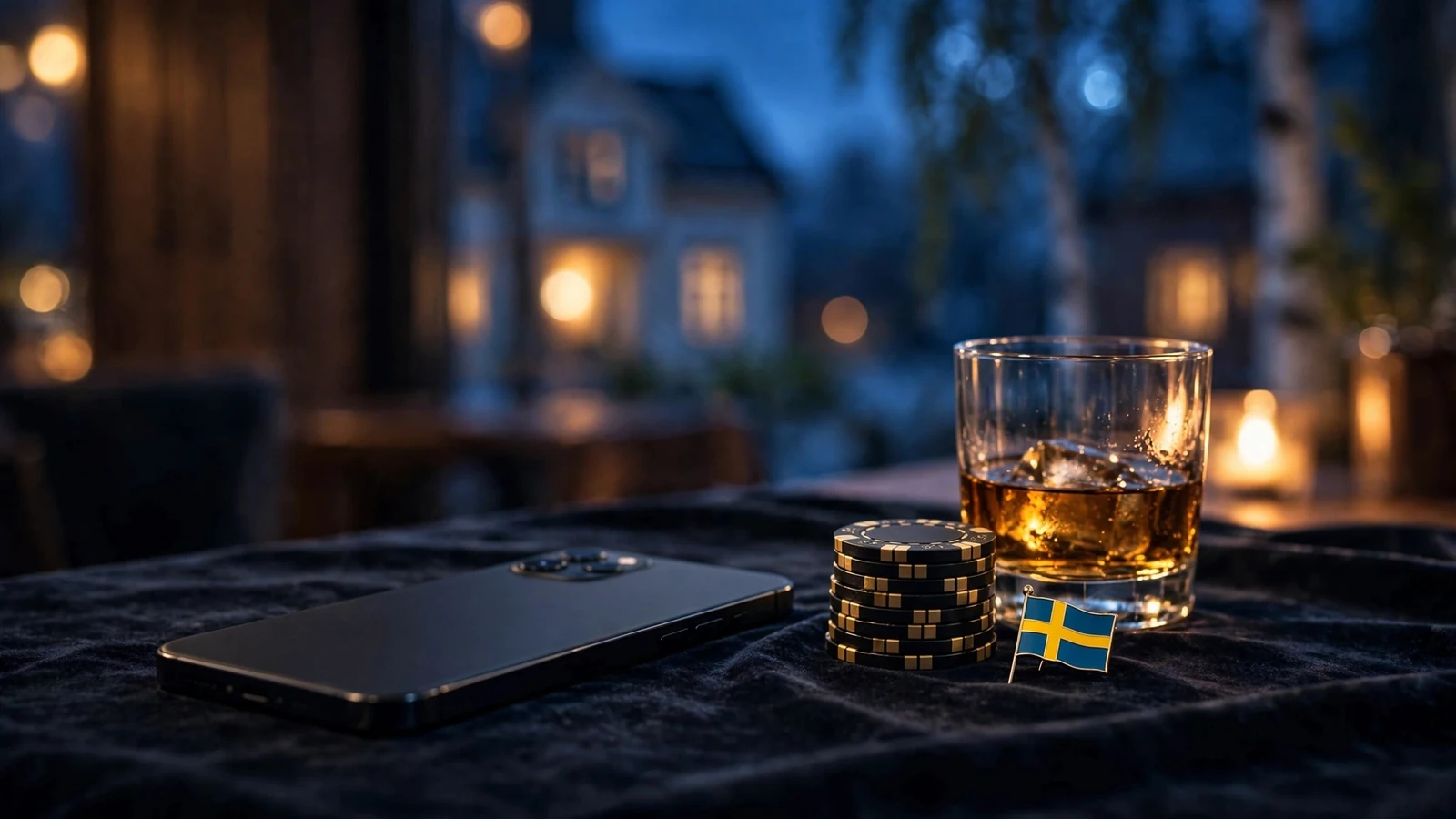 Modern telefon med casinomarkörer och svensk flagga i stämningsfull belysning