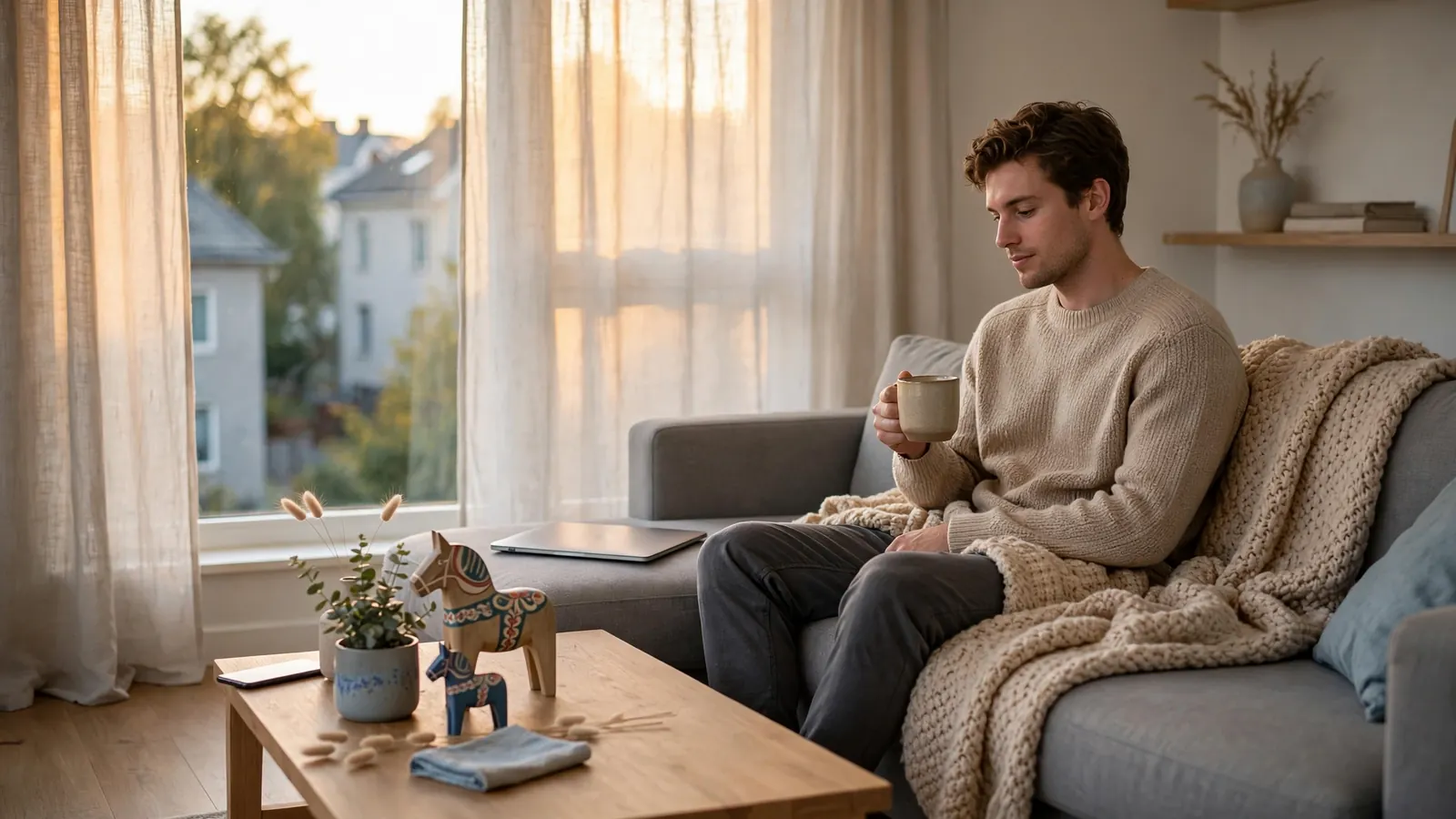 Avslappnad person i modernt svenskt vardagsrum med stängd laptop och kaffekopp