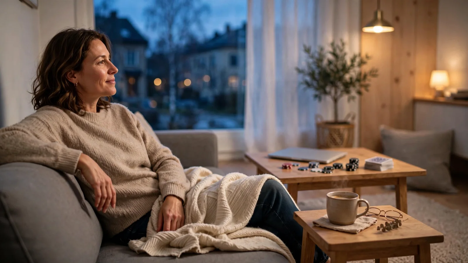 Avslappnad person i modernt skandinaviskt vardagsrum med stängd laptop och casinotillbehör