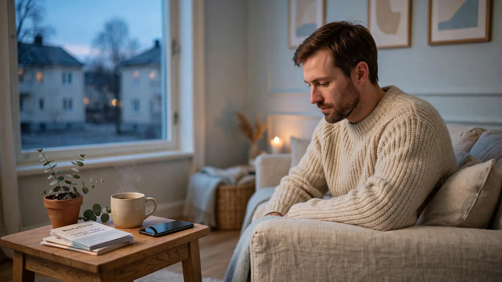 Person i vardagsrum vänder telefonen med framsidan nedåt och funderar
