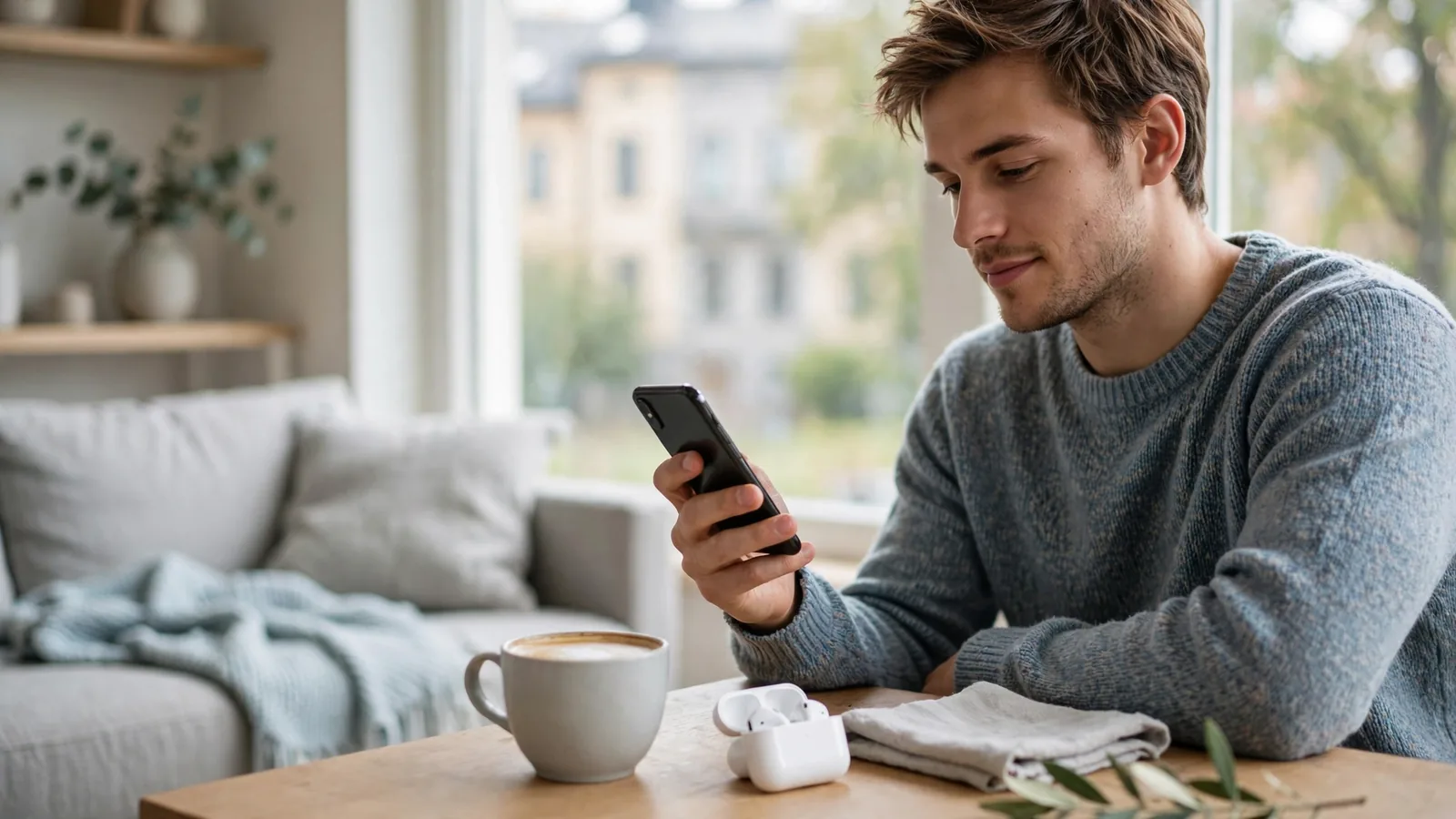 Svensk person med smartphone hemma i modern lägenhet