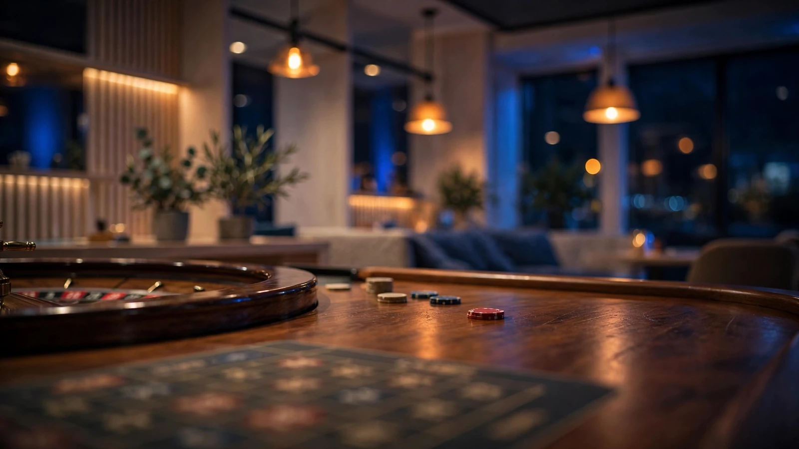 Stilfullt nätcasinotema med roulettebord och marker i varm belysning