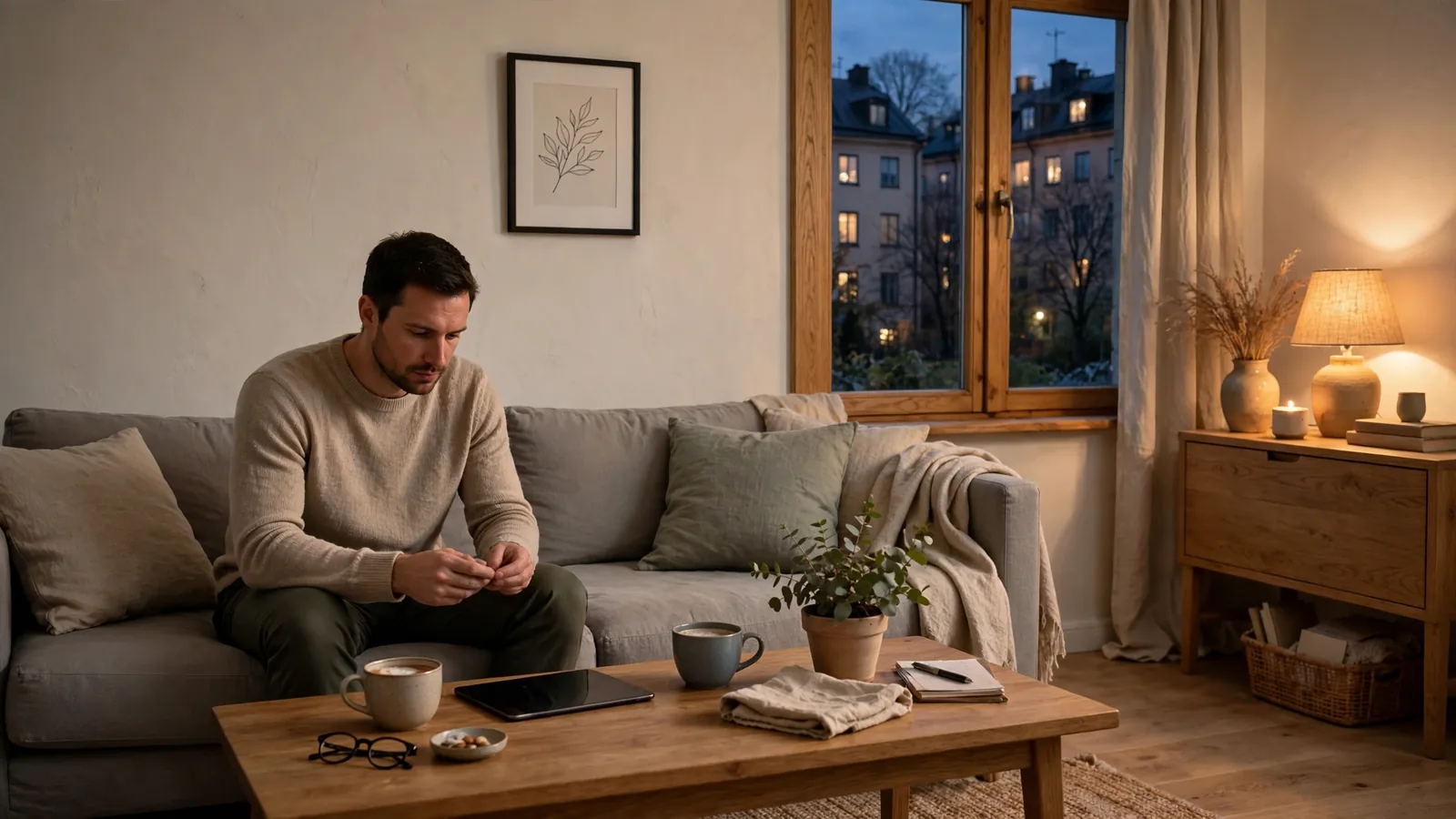 Person som funderar vid soffan med ett nedvänt surfplatta och kaffe