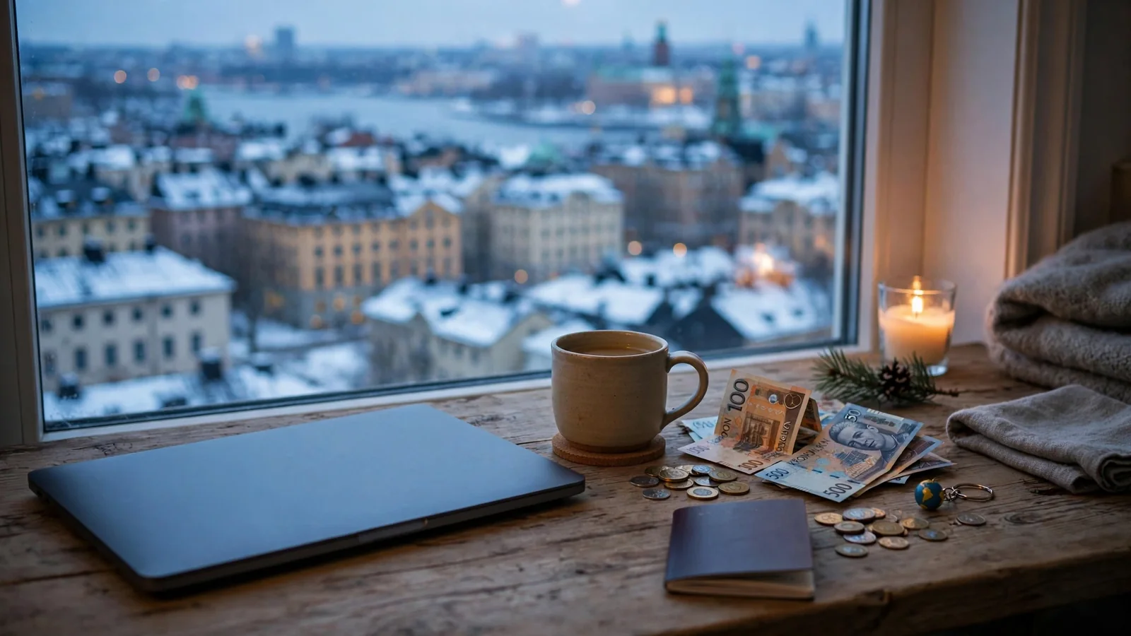 Stängd laptop på skrivbord med svenska kronor och Stockholms siluett i bakgrunden