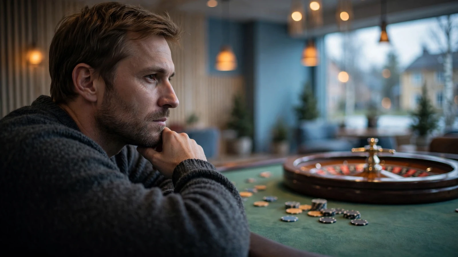 Man som fundersamt tittar på ett roulettehjul i ett svenskt casino